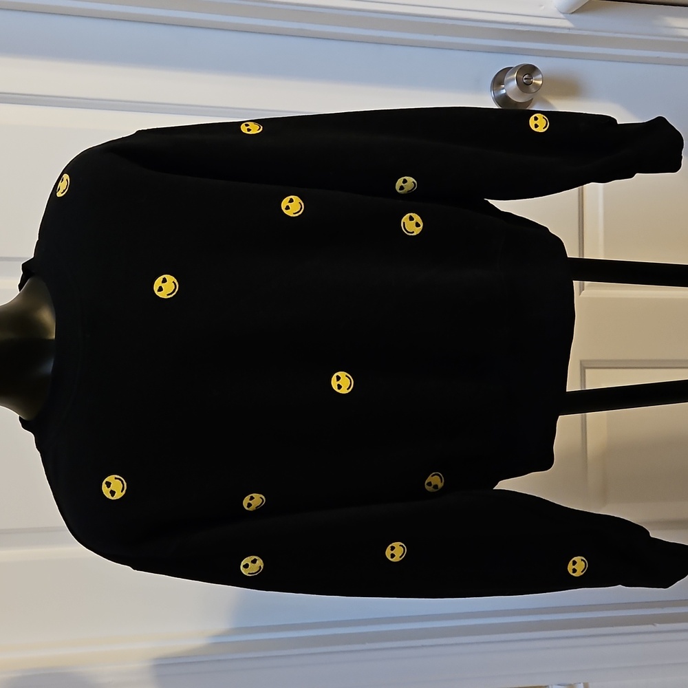 Happy Face Embroidered Emoji Black with Yellow Smiley Faces Sweatshirt - S
